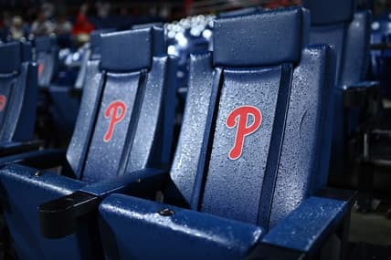 Oct 31, 2022; Philadelphia, Pennsylvania, USA; Rain is seen on the seats before game three of the 2022 World Series between the Philadelphia Phillies and the Houston Astros at Citizens Bank Park. Mandatory Credit: Kyle Ross-USA TODAY Sports