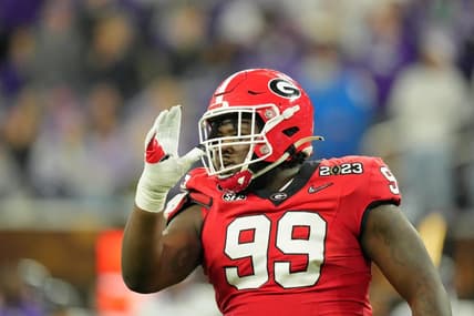 Jan 9, 2023; Inglewood, CA, USA; Georgia Bulldogs defensive lineman Bear Alexander (99) reacts after a play against the TCU Horned Frogs during the second quarter of the CFP national championship game at SoFi Stadium. Mandatory Credit: Kirby Lee-USA TODAY Sports