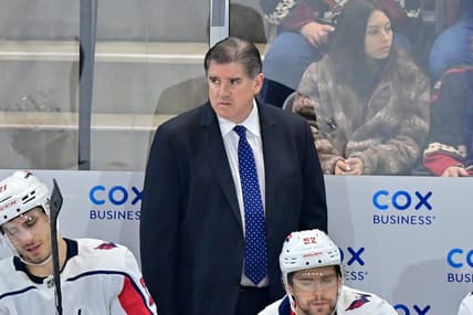 Jan 19, 2023; Tempe, Arizona, USA; Washington Capitals head coach Peter Laviolette looks on in the second period against the Arizona Coyotes at Mullett Arena. Mandatory Credit: Matt Kartozian-USA TODAY Sports
