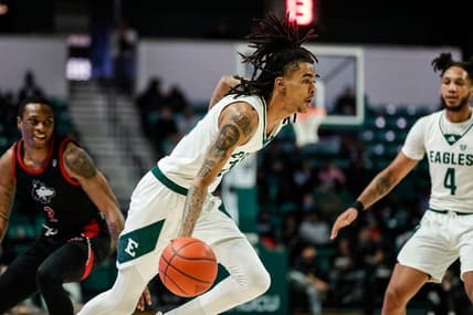 Eastern Michigan forward Emoni Bates dribbles against Northern Illinois during the first half at the George Gervin GameAbove Center in Ypsilanti on Saturday, Jan. 21, 2023.