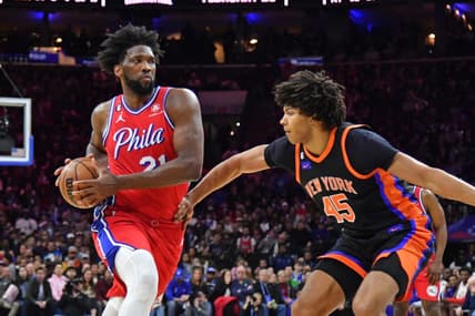 Feb 10, 2023; Philadelphia, Pennsylvania, USA; Philadelphia 76ers center Joel Embiid (21) drives to the basket against New York Knicks center Jericho Sims (45) at Wells Fargo Center. Mandatory Credit: Eric Hartline-USA TODAY Sports