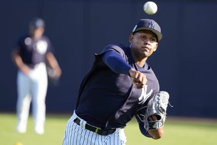 Feb 23, 2023; Tampa, FL, USA;  Mandatory Credit: New York Yankees relief pitcher Jhony Brito (76) throws a ball during spring training practice at Steinbrenner Field in Tampa, Florida.Dave Nelson-USA TODAY Sports