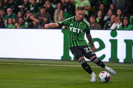 Feb 25, 2023; Austin, Texas, USA; Austin FC defender Zan Kolmanic (23) passes the ball during the game against St. Louis City SC at Q2 Stadium. Mandatory Credit: Aaron E. Martinez-USA TODAY Sports