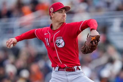 Cincinnati Reds relief pitcher Luke Weaver (34) throws a pitch in the first inning of the MLB Cactus League spring training game between the San Francisco Giants and the Cincinnati Reds at Scottsdale Stadium in Goodyear, Ariz., on Sunday, Feb. 26, 2023. The Giants came back in the ninth inning to win on a walk-off single off the bat of Will Wilson.

Cincinnati Reds At San Francisco Giants Spring Training