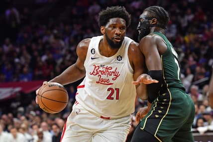 Feb 25, 2023; Philadelphia, Pennsylvania, USA; Philadelphia 76ers center Joel Embiid (21) drives to the basket against Boston Celtics guard Jaylen Brown (7) at Wells Fargo Center. Mandatory Credit: Eric Hartline-USA TODAY Sports