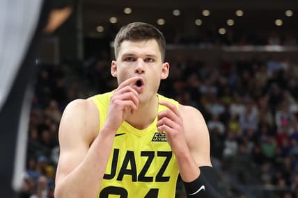 Feb 28, 2023; Salt Lake City, Utah, USA; Utah Jazz center Walker Kessler (24) reacts to play with the San Antonio Spurs in the second half at Vivint Arena. Mandatory Credit: Rob Gray-USA TODAY Sports