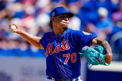 Mar 2, 2023; Port St. Lucie, Florida, USA; New York Mets starting pitcher Jose Butto (70) throws a pitch against the Atlanta Braves during the third inning at Clover Park. Mandatory Credit: Rich Storry-USA TODAY Sports