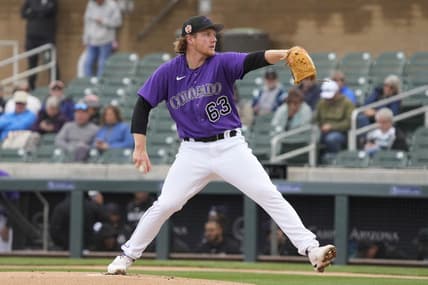 Mar 2, 2023; Salt River Pima-Maricopa, Arizona, USA; Colorado Rockies starting pitcher Noah Davis (63) throws against the Chicago White Sox in the first inning at Salt River Fields at Talking Stick. Mandatory Credit: Rick Scuteri-USA TODAY Sports