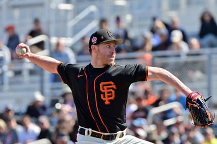 Mar 3, 2023; Scottsdale, Arizona, USA; San Francisco Giants starting pitcher Anthony DeSclafani (26) throws in the first inning against the Colorado Rockies during a Spring Training game at Scottsdale Stadium. Mandatory Credit: Matt Kartozian-USA TODAY Sports
