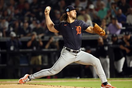 Mar 3, 2023; Tampa, Florida, USA;  Detroit Tigers starting pitcher Michael Lorenzen (21) throws a pitch during the first inning against the New York Yankees at George M. Steinbrenner Field. Mandatory Credit: Kim Klement-USA TODAY Sports