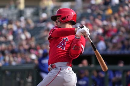 Mar 5, 2023; Surprise, Arizona, USA; Los Angeles Angels infielder Zach Neto (94) bats against the Texas Rangers during the fourth inning at Surprise Stadium. Mandatory Credit: Joe Camporeale-USA TODAY Sports