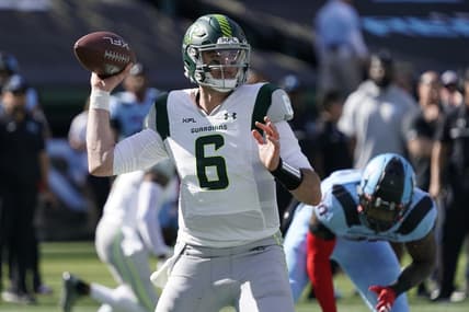 Mar 5, 2023; Arlington, TX, USA; Orlando Guardians quarterback Paxton Lynch (6) throws a pass during the first half against the Arlington Renegades at Choctaw Stadium. Mandatory Credit: Raymond Carlin III-USA TODAY Sports