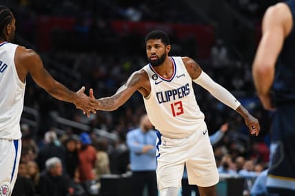 Mar 5, 2023; Los Angeles, California, USA; LA Clippers forward Paul George (13) celebrates with forward Kawhi Leonard (2) against [WHO] during fourth quarter at Crypto.com Arena. Mandatory Credit: Jonathan Hui-USA TODAY Sports