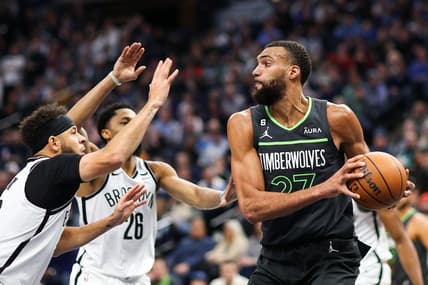 Mar 10, 2023; Minneapolis, Minnesota, USA; Minnesota Timberwolves center Rudy Gobert (27) looks to pass against the Brooklyn Nets during the fourth quarter at Target Center. Mandatory Credit: Matt Krohn-USA TODAY Sports