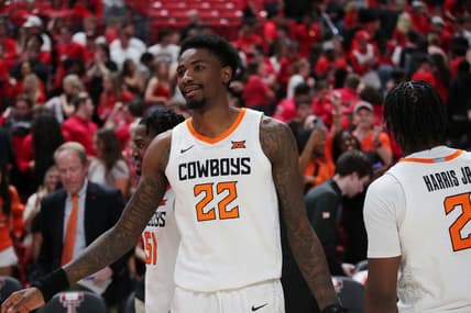 Mar 4, 2023; Lubbock, Texas, USA;  Oklahoma State Cowboys forward Kalib Boone (22) reacts after the game against the Texas Tech Red Raiders at United Supermarkets Arena. Mandatory Credit: Michael C. Johnson-USA TODAY Sports