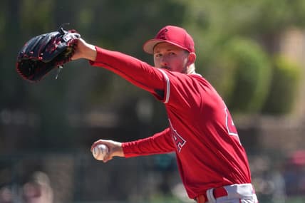 Mar 12, 2023; Phoenix, Arizona, USA; Los Angeles Angels starting pitcher Griffin Canning (47) pitches against the Chicago White Sox during the first inning at Camelback Ranch-Glendale. Mandatory Credit: Joe Camporeale-USA TODAY Sports