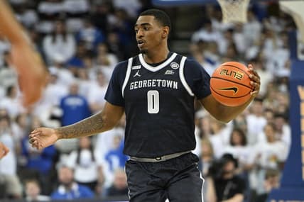 Mar 1, 2023; Omaha, Nebraska, USA;  Georgetown Hoyas guard Brandon Murray (0) dribbles against the Creighton Bluejays in the first half at CHI Health Center Omaha. Mandatory Credit: Steven Branscombe-USA TODAY Sports