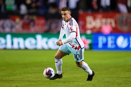 Mar 4, 2023; Chicago, Illinois, USA;  Chicago Fire FC midfielder Xherdan Shaqiri (10) in action against New York City FC at Soldier Field. Mandatory Credit: Jamie Sabau-USA TODAY Sports