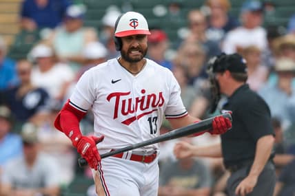 Mar 13, 2023; Fort Myers, Florida, USA;  Minnesota Twins first baseman Joey Gallo (13) reacts after striking out against the New York Yankees in the seventh inning during spring training at Hammond Stadium. Mandatory Credit: Nathan Ray Seebeck-USA TODAY Sports