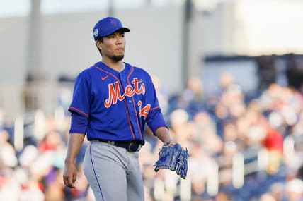Mar 16, 2023; West Palm Beach, Florida, USA; New York Mets starting pitcher Kodai Senga (34) returns to the dugout after the second inning against the Washington Nationals at The Ballpark of the Palm Beaches. Mandatory Credit: Sam Navarro-USA TODAY Sports