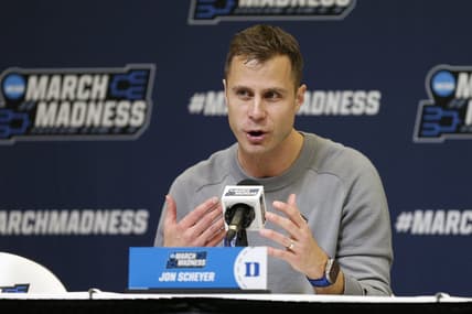 Mar 16, 2023; Orlando, FL, USA; Duke Blue Devils head coach Jon Scheyer speaks to the media after the game against the Oral Roberts Golden Eagles at Amway Center. Mandatory Credit: Russell Lansford-USA TODAY Sports