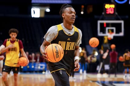 Mar 16, 2023; Denver, CO, USA; Arizona State Sun Devils guard DJ Horne (0) drives to the basket during practice before the first round of the NCAA Tournament at Ball Arena. Mandatory Credit: Michael Ciaglo-USA TODAY Sports
