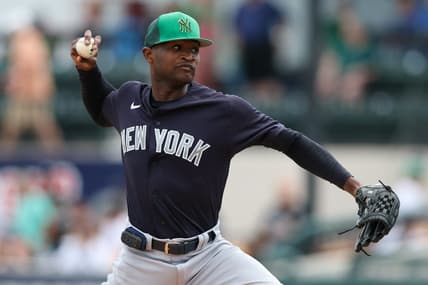 Mar 17, 2023; Lakeland, Florida, USA;  New York Yankees starting pitcher Domingo German (0) throws a pitch against the Detroit Tigers in the first inning during spring training at Publix Field at Joker Marchant Stadium. Mandatory Credit: Nathan Ray Seebeck-USA TODAY Sports