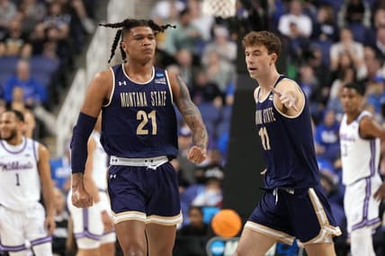 Mar 17, 2023; Greensboro, NC, USA; Montana State Bobcats guard RaeQuan Battle (21) reacts in the first half against the Kansas State Wildcats at Greensboro Coliseum. Mandatory Credit: Bob Donnan-USA TODAY Sports