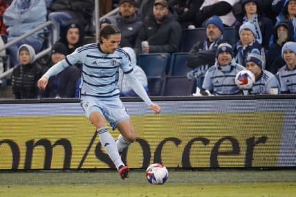Mar 11, 2023; Kansas City, Kansas, USA;  Sporting Kansas City defender Ben Sweat (2) kicking the ball at Children's Mercy Park. Mandatory Credit: Gary Rohman-USA TODAY Sports
