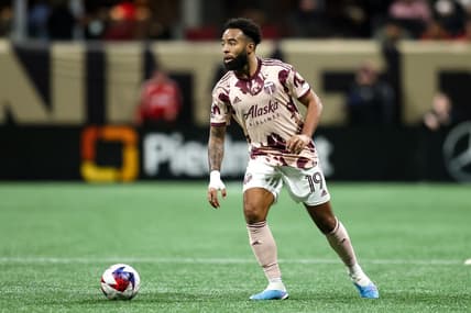 Mar 18, 2023; Atlanta, Georgia, USA; Portland Timbers midfielder Eryk Williamson (19) looks to pass the ball during the second half against the Atlanta United at Mercedes-Benz Stadium. Mandatory Credit: Brett Davis-USA TODAY Sports