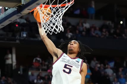 Mar 19, 2023; Denver, CO, USA; Gonzaga Bulldogs guard Hunter Sallis (5) shoots against the TCU Horned Frogs in the second half at Ball Arena. Mandatory Credit: Ron Chenoy-USA TODAY Sports