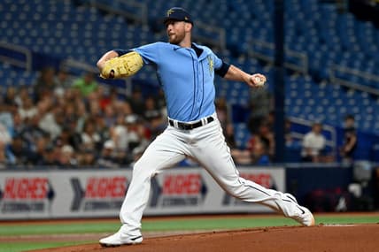 Mar 10, 2023; St. Petersburg, Florida, USA;  Tampa Bay Rays pitcher Jeffrey Springs (59) throws a pitch in the first inning of a spring training game against the Atlanta Braves at Tropicana Field. Mandatory Credit: Jonathan Dyer-USA TODAY Sports