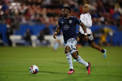 Mar 18, 2023; Frisco, Texas, USA; Sporting Kansas City forward Willy Agada (23) controls the ball against FC Dallas in the first half at Toyota Stadium. Mandatory Credit: Tim Heitman-USA TODAY Sports