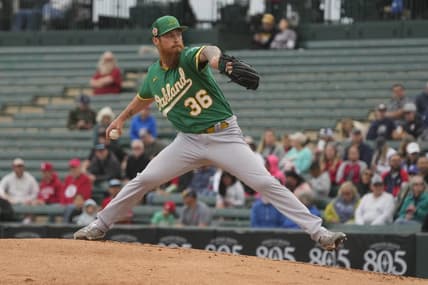 Mar 21, 2023; Tempe, Arizona, USA; Oakland Athletics starting pitcher Adam Oller (36) throws against the Los Angeles Angels in the first inning at Tempe Diablo Stadium. Mandatory Credit: Rick Scuteri-USA TODAY Sports