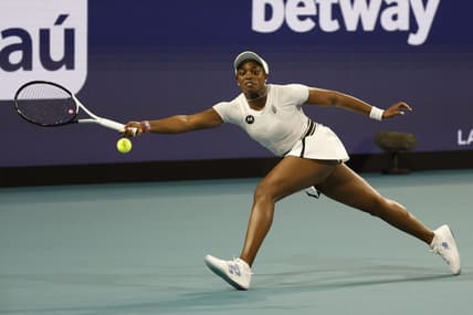 Mar 22, 2023; Miami, Florida, US; Sloane Stephens (USA) reaches for a forehand against Shelby Rogers (USA) (not pictured) on day three of the Miami Open at Hard Rock Stadium. Mandatory Credit: Geoff Burke-USA TODAY Sports