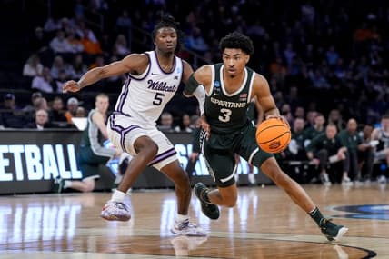 Mar 23, 2023; New York, NY, USA;  Michigan State Spartans guard Jaden Akins (3) controls the ball against Kansas State Wildcats guard Cam Carter (5) in the first half at Madison Square Garden. Mandatory Credit: Robert Deutsch-USA TODAY Sports