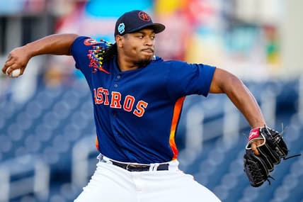 Mar 23, 2023; West Palm Beach, Florida, USA; Houston Astros starting pitcher Luis Garcia (77) throws a pitch against the Washington Nationals during the first inning at The Ballpark of the Palm Beaches. Mandatory Credit: Rich Storry-USA TODAY Sports
