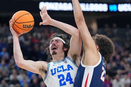 Mar 23, 2023; Las Vegas, NV, USA; UCLA Bruins guard Jaime Jaquez Jr. (24) shoots the ball against Gonzaga Bulldogs forward Anton Watson (22) during the second half at T-Mobile Arena. Mandatory Credit: Joe Camporeale-USA TODAY Sports