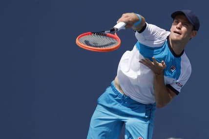 Mar 24, 2023; Miami, Florida, US; Diego Schwartzman (ARG) serves against Yibing Wu (CHN) (not pictured) on day five of the Miami Open at Hard Rock Stadium. Mandatory Credit: Geoff Burke-USA TODAY Sports