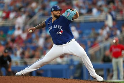 Mar 24, 2023; Dunedin, Florida, USA;  Toronto Blue Jays starting pitcher Alek Manoah (6) throws a pitch against the Philadelphia Phillies in the sixth inning during spring training at TD Ballpark. Mandatory Credit: Nathan Ray Seebeck-USA TODAY Sports