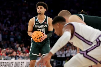 Mar 23, 2023; New York, NY, USA; Michigan State Spartans forward Malik Hall (25) lines up a foul shot during overtime against the Kansas State Wildcats at Madison Square Garden. Mandatory Credit: Brad Penner-USA TODAY Sports