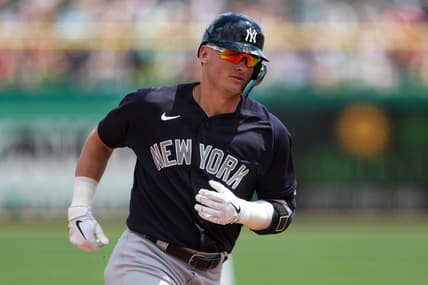 Mar 25, 2023; Clearwater, Florida, USA;  New York Yankees third baseman Josh Donaldson (28) rounds the bases after hitting a two-run home run against the Philadelphia Phillies in the first inning during spring training at BayCare Ballpark. Mandatory Credit: Nathan Ray Seebeck-USA TODAY Sports