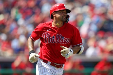 Mar 25, 2023; Clearwater, Florida, USA;  Philadelphia Phillies right fielder Nick Castellanos (8) runs the bases after hitting a home run against the New York Yankees in the sixth inning during spring training at BayCare Ballpark. Mandatory Credit: Nathan Ray Seebeck-USA TODAY Sports