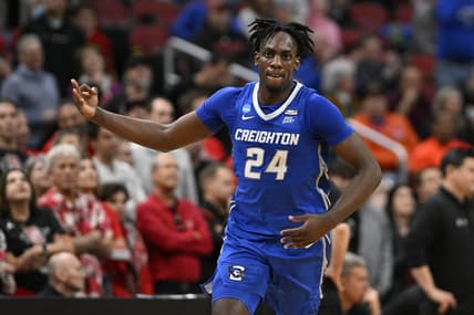 Mar 26, 2023; Louisville, KY, USA;  Creighton Bluejays forward Arthur Kaluma (24) celebrates scoring a basket during the second half against the San Diego State Aztecs at the NCAA Tournament South Regional-Creighton vs San Diego State at KFC YUM! Center.  Mandatory Credit: Jamie Rhodes-USA TODAY Sports
