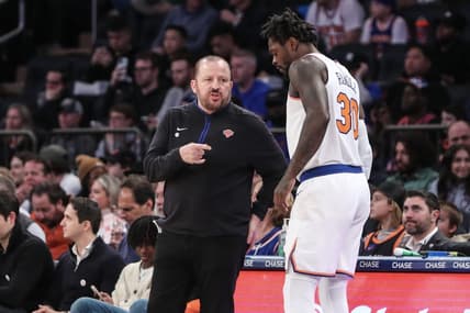 Mar 27, 2023; New York, New York, USA;  New York Knicks head coach Tom Thibodeau talks with New York Knicks forward Julius Randle (30) in the first quarter against the Houston Rockets at Madison Square Garden. Mandatory Credit: Wendell Cruz-USA TODAY Sports