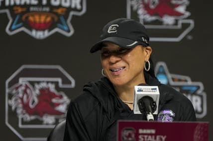 Mar 30, 2023; Dallas, TX, USA;  South Carolina Gamecocks head coach Dawn Staley speaks to members of the media at American Airlines Center. Mandatory Credit: Kirby Lee-USA TODAY Sports