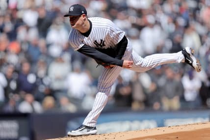Mar 30, 2023; Bronx, New York, USA; New York Yankees starting pitcher Gerrit Cole (45) follows through on a pitch against the San Francisco Giants during the first inning at Yankee Stadium. Mandatory Credit: Brad Penner-USA TODAY Sports