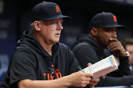 Mar 30, 2023; St. Petersburg, Florida, USA; Detroit Tigers manager A.J. Hinch (14) looks on during the ninth inning against the Tampa Bay Rays at Tropicana Field. Mandatory Credit: Kim Klement-USA TODAY Sports