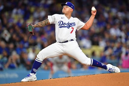 Mar 30, 2023; Los Angeles, California, USA; Los Angeles Dodgers starting pitcher Julio Urias (7) throws against the Arizona Diamondbacks during the first inning at Dodger Stadium. Mandatory Credit: Gary A. Vasquez-USA TODAY Sports