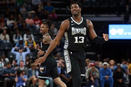 Mar 31, 2023; Memphis, Tennessee, USA; Memphis Grizzlies forward Jaren Jackson Jr. (13) reacts after a basket during the first half against the Los Angeles Clippers at FedExForum. Mandatory Credit: Petre Thomas-USA TODAY Sports